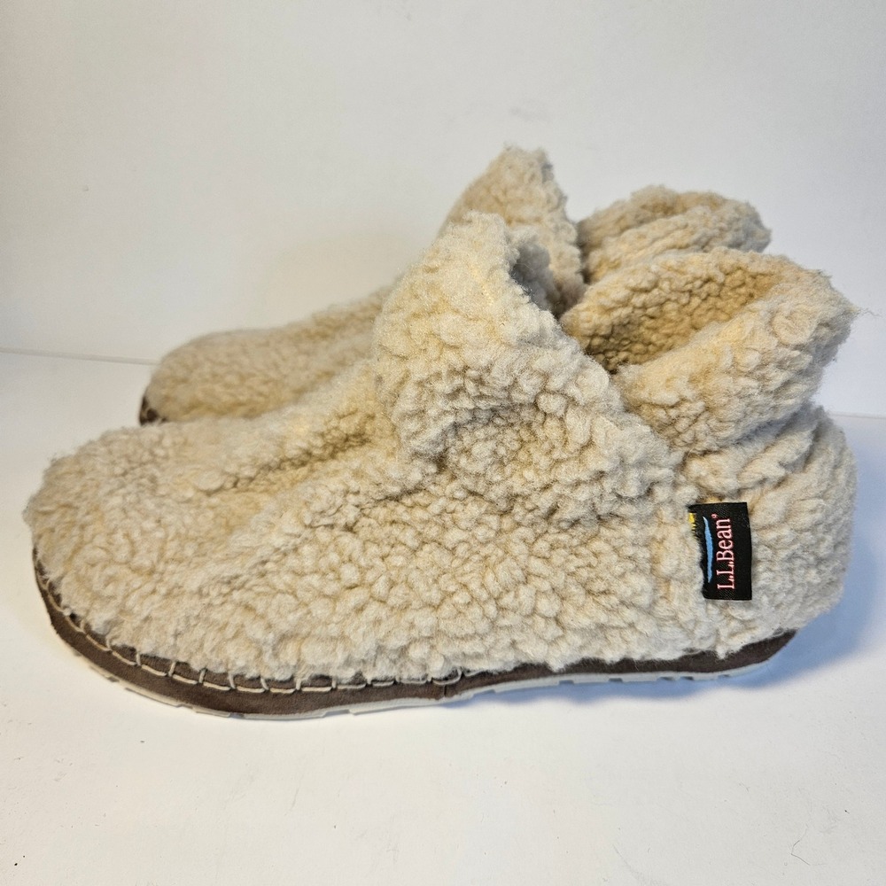 LL Bean Women Cozy Sherpa Booties Pile Fleece Slippers Cream Tan 507186 7M